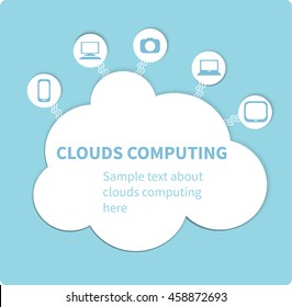 Cloud computing abstract scheme vector illustration template with sample text and icons on blue background