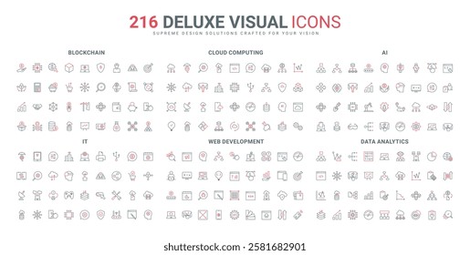 Cloud computing, AI automation, web design and website testing line icon set. Analysis and processing of data, growth of financial chart and risk thin black and red outline symbols vector illustration