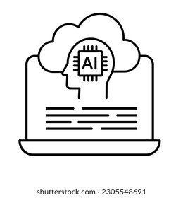 Cloud Computing with AI Icon - Illustrates the concept of cloud computing and artificial intelligence. Vector Line Icon with Editable Stroke. 