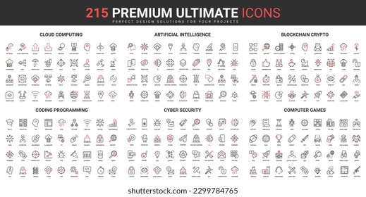 Cloud computing, AI technology thin line red black icons set vector illustration. Abstract symbols artificial intelligence, programming, blockchain, cyber security simple design for mobile, web apps