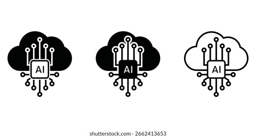Inteligencia artificial de computación en la nube: tres Variantes de estilo Vector de iconos negros, rellenos y esquemáticos.