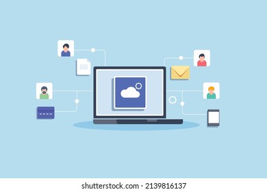 Cloud Computing Architecture, Cloud Based Centralized Data System, Cloud Communication Network - Flat Design Vector Illustration With Icons