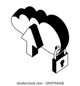 cloud computing with arrow upload and padlock isometric icon