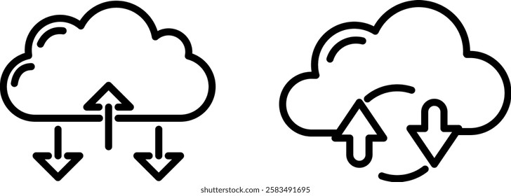 "Cloud Computing and Arrows Outline Icon Representing Data Flow, Transfer, and Cloud Services"