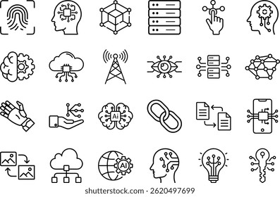 Computação em nuvem, inteligência artificial e ícones de linha de tecnologia - conjunto de vetor moderno