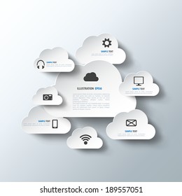 Cloud computing background with web icons. Social network. Mobile app.