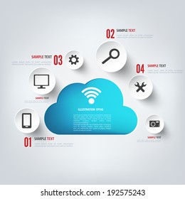 Cloud computing background with web icons. Social network. Mobile app.