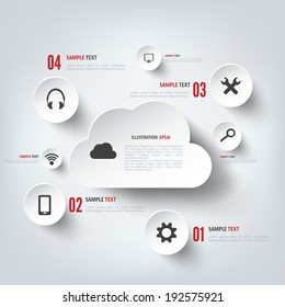 Cloud computing background with web icons. Social network. Mobile app.