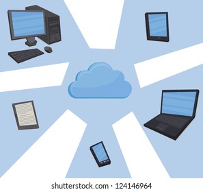 cloud computing beams to computer gadgets on white background