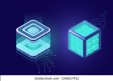 Cloud computing, big data isometric icon, server room rack farm, cryptographic technology, dark neon vector