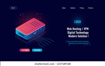 Cloud computing and big digital data processing isometric icon, router internet splitter, online web hosting concept, wi-fi routing, dark neon vector