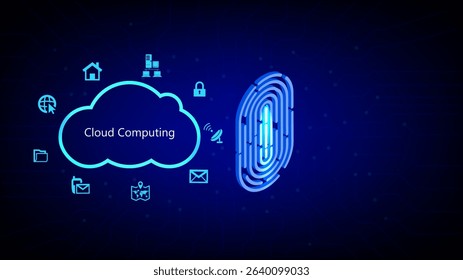 Cloud computing with biometric fingerprint security on a digital background. Concept of data protection, network access, and secure technology systems