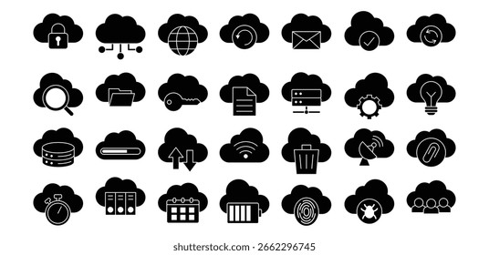 Computação em Nuvem Ícone Preto Pixel Art Tecnologia Símbolos, Rede, Dados, Internet, Computador, Sistema, Símbolo Sinal Vetor Design Design Ilustração Conjuntos