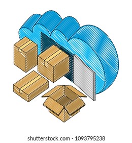 cloud computing with boxes carton isometric icon