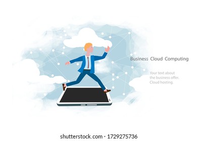Cloud computing for business, concept. Layout with space for text, a businessman on background of sky. Quickly Syncing data from your smartphone and tablet with cloud storage