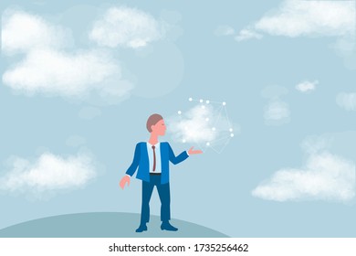 Cloud computing for business, concept. Layout with space for text, a businessman on background of sky withwith cloud and network in hand, cloud computing concept