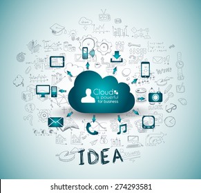 Cloud Computing with Business doodles Sketch background: infographics vector elements isolated, . It include lots of icons included graphs, stats, devices,laptops, clouds, concepts and so on.