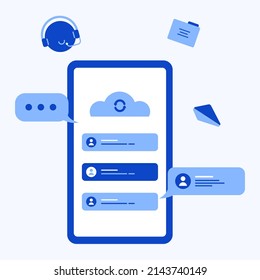 Cloud computing business flat illustration. technology networking, data storage, server database synchronize.