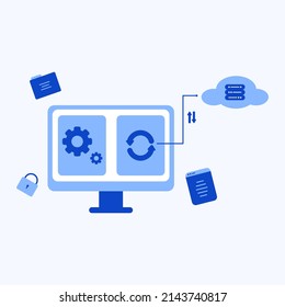 Cloud computing business flat illustration. technology networking, data storage, server database synchronize.