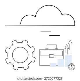 Computación en la nube, crecimiento de negocios, finanzas, análisis de datos, tecnología, innovación. La Imagen cuenta con un engranaje, un maletín de iconos de nube y flechas ascendentes. Concepto de computación en la nube y crecimiento empresarial