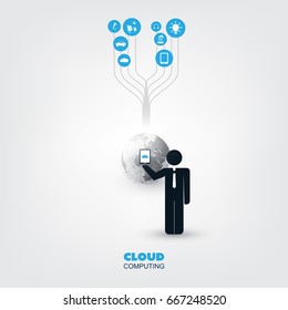 Cloud Computing, Business Network Design Concept with a Standing Businessman and Icons - Digital Network Connections, Technology Background