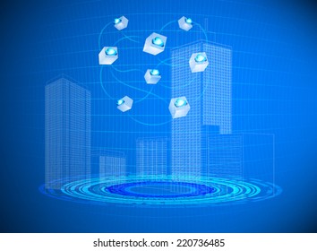 Cloud computing in cities technology on a blue background