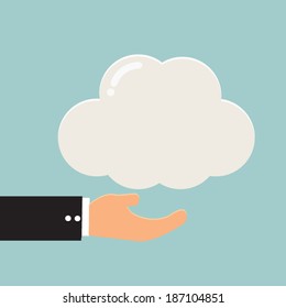 Cloud computing, close up of businessman holding cloud with copy space, vector