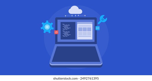 Cloud computing coding, Cloud platform for clouding, Writing codes for cloud computing and AI, Cloud based programming - vector illustration with icons