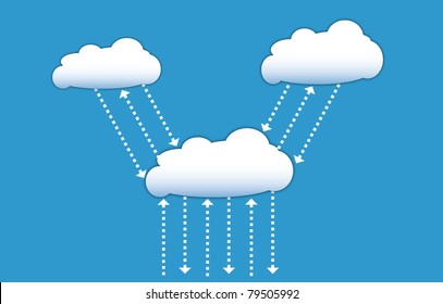 Cloud computing communication diagram, interacting data signals in form of arrows