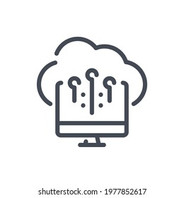 Cloud computing, computer with connection to cloud network and online hosting line icon. Cloud service storage and online connect to PC vector outline sign.