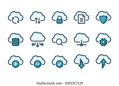 Cloud Computing and Computer Cloud related color line icon set. Cloud network and Server ector icon set.