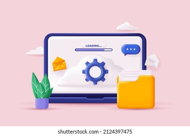 Cloud computing concept 3D illustration. Icon composition with loading digital files site interface and folder. Backups in cloud storage and computing data. Vector illustration for modern web design