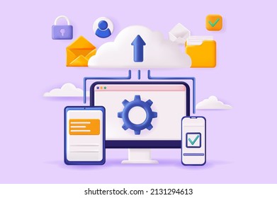 Cloud computing concept 3D illustration. Online data storage, exchange and transfer of information or files between different gadgets, cloud computing. Vector illustration for modern web banner design