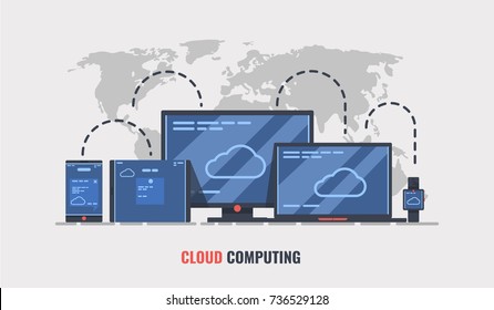 Cloud computing concept with all modern devices on world map background, cloud server, devi?e data exchange and file synchronization concept vector illustration