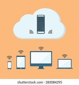 Cloud computing concept with applications icons and devices.