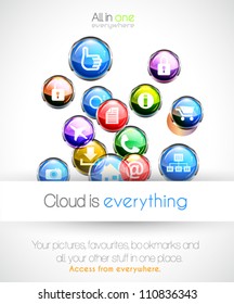 Cloud Computing Concept Background With A Lot Of Glossy Sphere Icons With Feed, Like, Home, Phone, Locked,networking And So On!