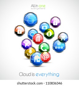 Cloud Computing Concept Background With A Lot Of Glossy Sphere Icons With Feed, Like, Home, Phone, Locked,networking And So On!