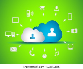 Cloud Computing concept background with a lot of icons: tablet, smartphone, computer, desktop, monitor, music, downloads and so on
