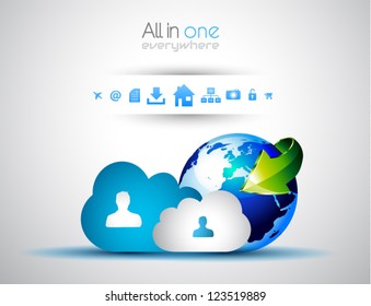 Cloud Computing concept background with a lot of icons: tablet, smartphone, computer, desktop, monitor, music, downloads and so on