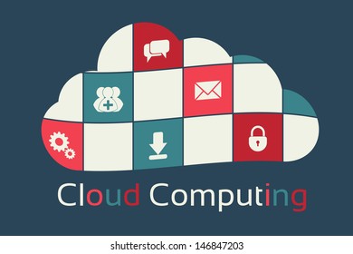 Cloud Computing concept background with icons: lock, gears,bubbles, mail, downloads, social network group