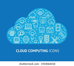 Cloud Computing Concept Banner Card with White Thin Line Icons Elements on a Blue. Vector illustration