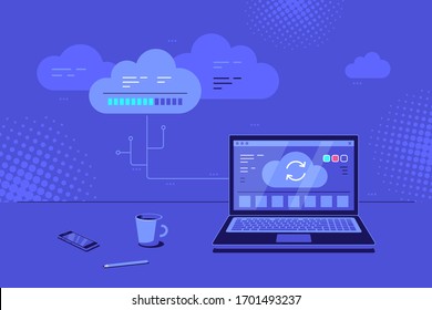 Cloud computing concept banner. Cloud server data transfer and storage. Laptop with cloud upload icon on screen. Flat style vector illustration.