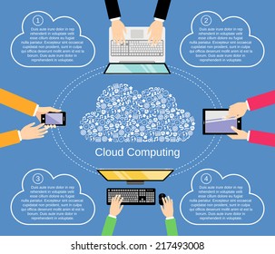 Cloud computing concept with business icons and hands holding computer devices vector illustration