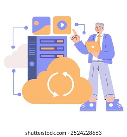 Cloud Computing concept. A businessman manages data transfer between server and cloud services. Seamless workflow, digital storage solution. Vector illustration.