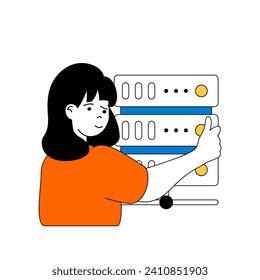 Cloud computing concept with cartoon people in flat design for web. Woman working as tech engineer at database center server racks. Vector illustration for social media banner, marketing material.