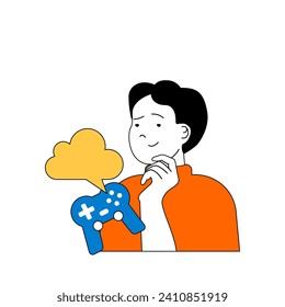 Cloud computing concept with cartoon people in flat design for web. Man playing online video games and using streaming platforms. Vector illustration for social media banner, marketing material.