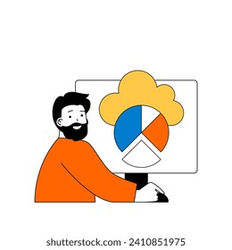 Cloud computing concept with cartoon people in flat design for web. Man using cloud processing for data chart analysis at computer. Vector illustration for social media banner, marketing material.