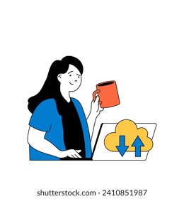 Cloud computing concept with cartoon people in flat design for web. Woman making sync data between online storage platform and laptop. Vector illustration for social media banner, marketing material.