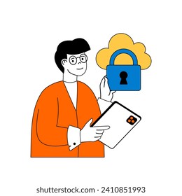 Cloud computing concept with cartoon people in flat design for web. Man using cloud storage platform with firewall data protection. Vector illustration for social media banner, marketing material.