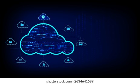 Cloud computing concept with centralized data cloud connected to multiple cloud icons, representing storage, security, email, and digital access copy space for text